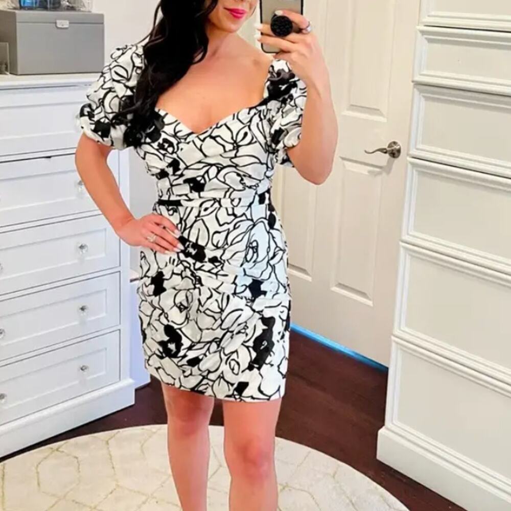 Ronny Kobo Black Floral Mini Dress Size 12 Puff Sleeve Ruche Party Designer $370 - Picture 5 of 12